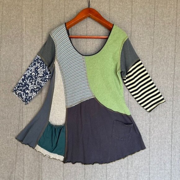 Elisabethan Upcycled Patchwork 3/4 Sleeve Scoop Neck A Line Tunic Top Size Large - Picture 1 of 9